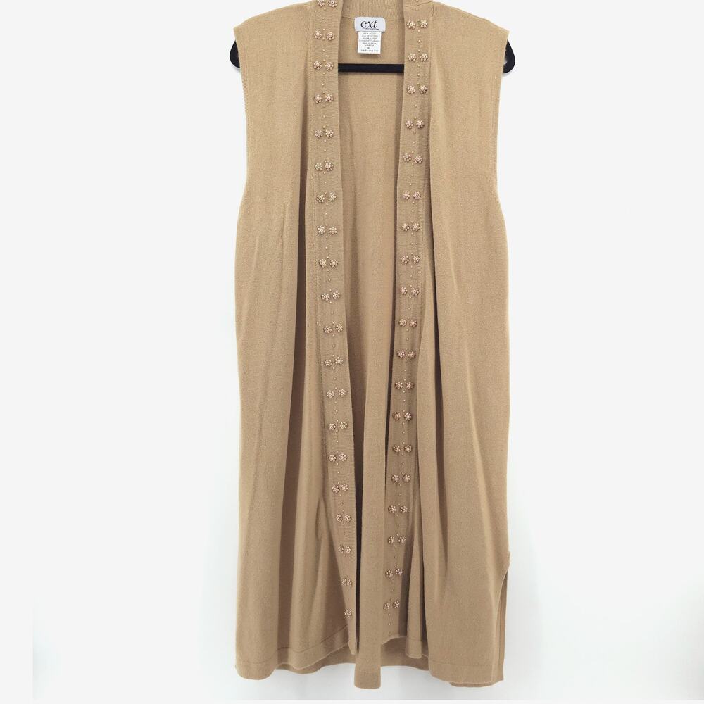 Vintage CXT 70s BohoTan Beaded Neckline OpenFront Duster Sleeveless Split Hem XL - Picture 1 of 11